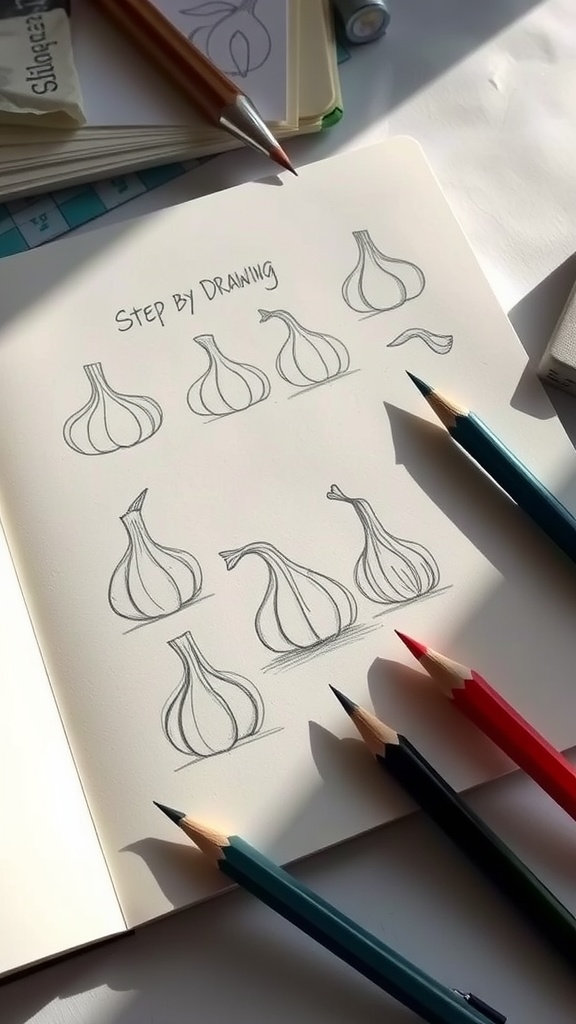 Step-by-step garlic drawing process with sketches and art supplies.